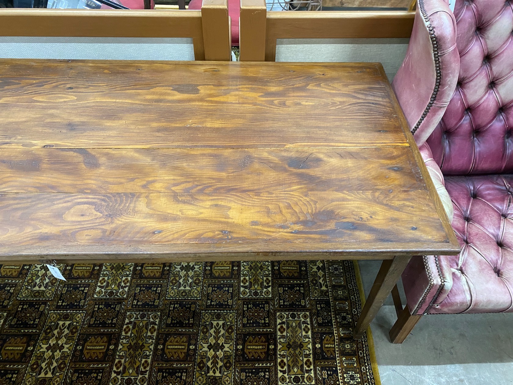 A rectangular French style oak kitchen table from a factory in France, length 204cm, depth 85cm, height 75cm